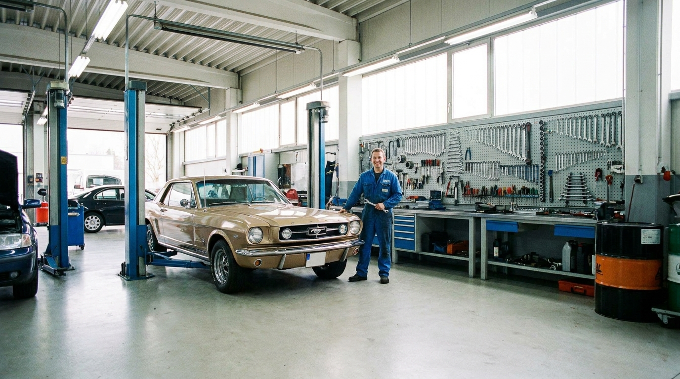 Auto repair shop bay with car on a lift